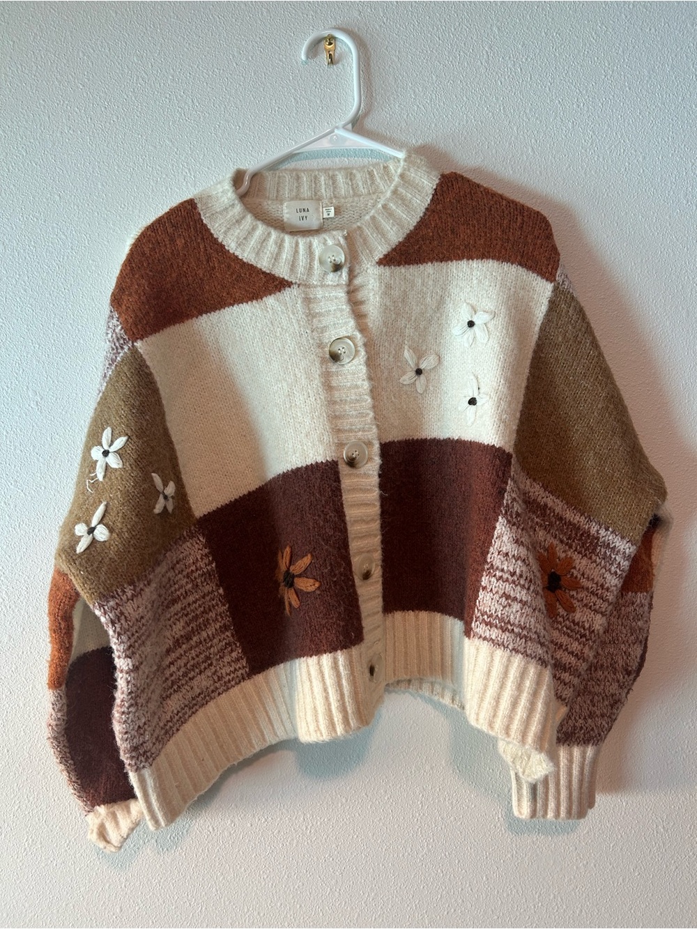 Embroidered Patchwork Cardigan Sweater - Cream & Brown